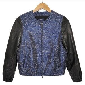 Madewell Womens Shimmer Weave Bomber Jacket Blue Tweed Leather Sleeves S